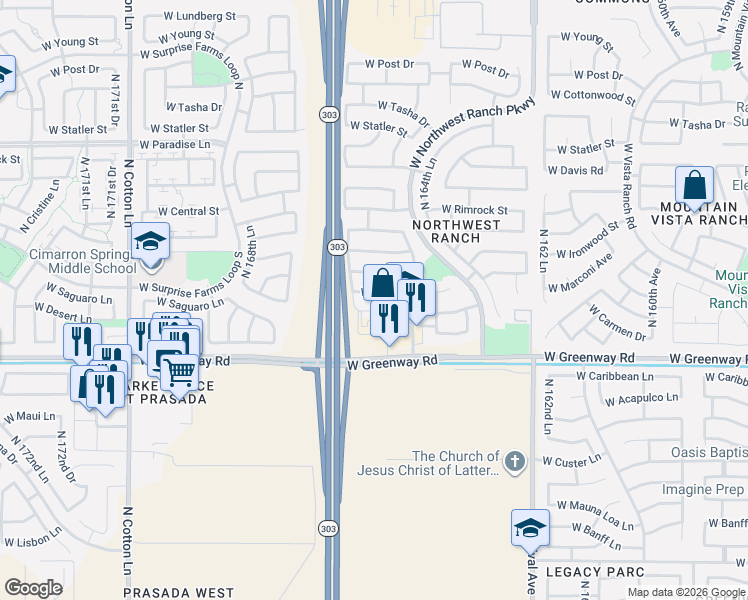 map of restaurants, bars, coffee shops, grocery stores, and more near 16601 West Marconi Avenue in Surprise