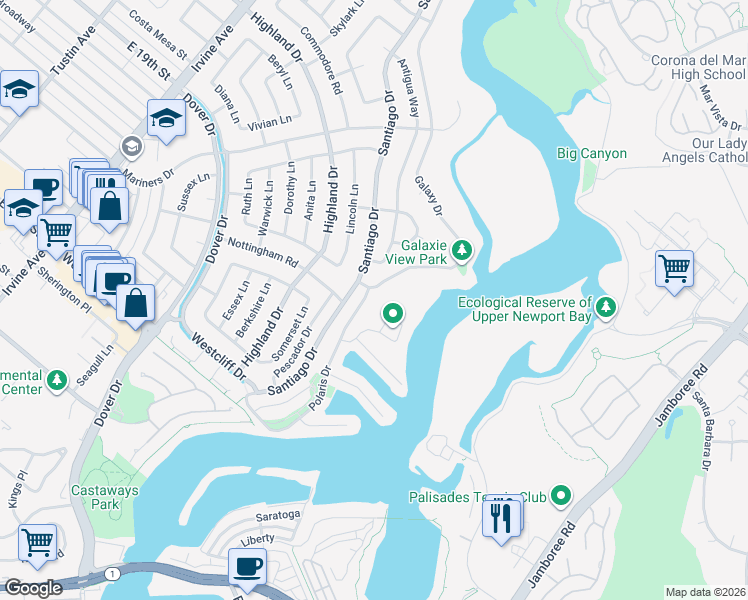 map of restaurants, bars, coffee shops, grocery stores, and more near 1330 Galaxy Drive in Newport Beach