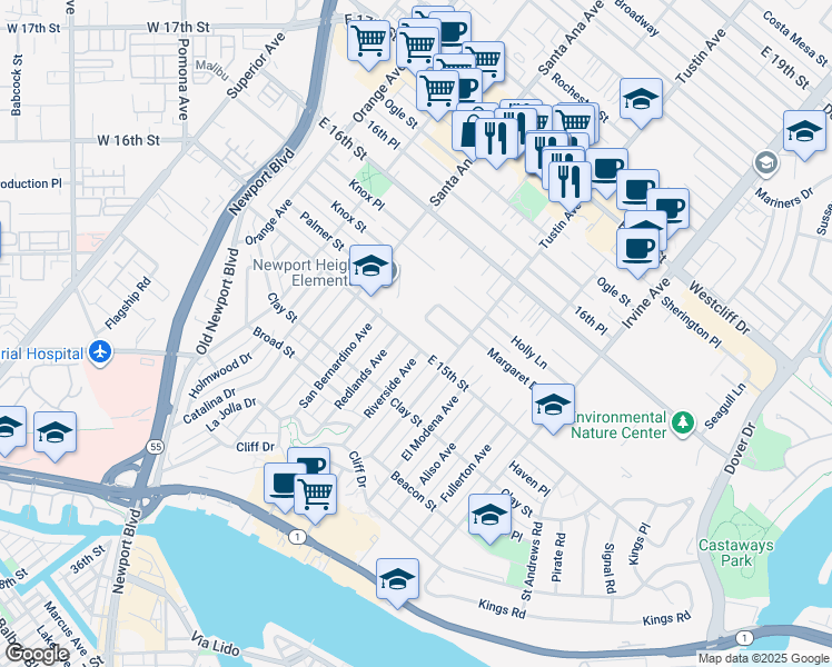 map of restaurants, bars, coffee shops, grocery stores, and more near 365 La Perle Lane in Costa Mesa