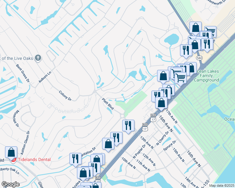 map of restaurants, bars, coffee shops, grocery stores, and more near 600 Deer Creek Road in Surfside Beach