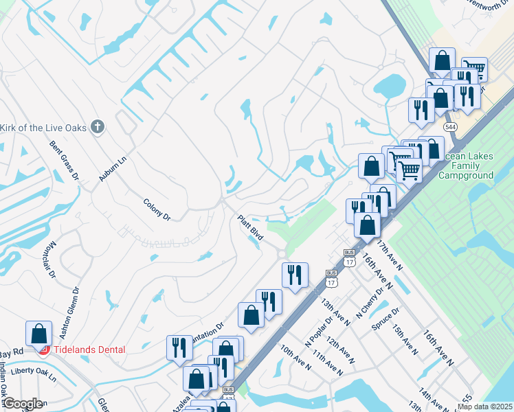 map of restaurants, bars, coffee shops, grocery stores, and more near 600 Deer Creek Road in Surfside Beach