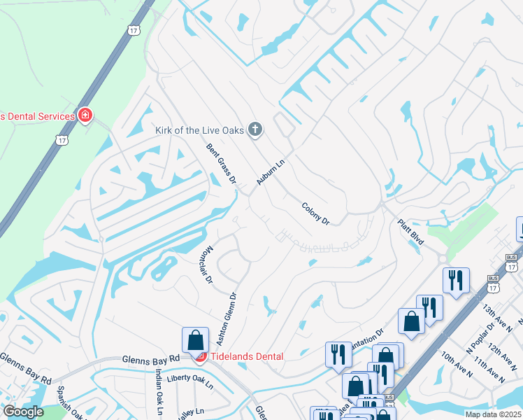 map of restaurants, bars, coffee shops, grocery stores, and more near 1890E Auburn Lane in Surfside Beach