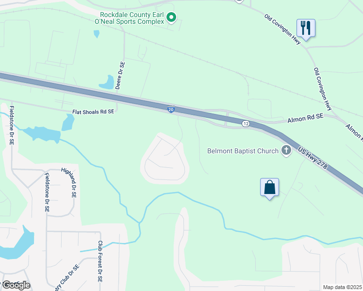 map of restaurants, bars, coffee shops, grocery stores, and more near 15 Manas Court in Covington