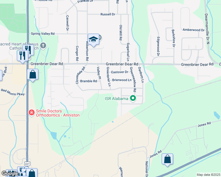 map of restaurants, bars, coffee shops, grocery stores, and more near 1500 Greenbrier Lane in Anniston
