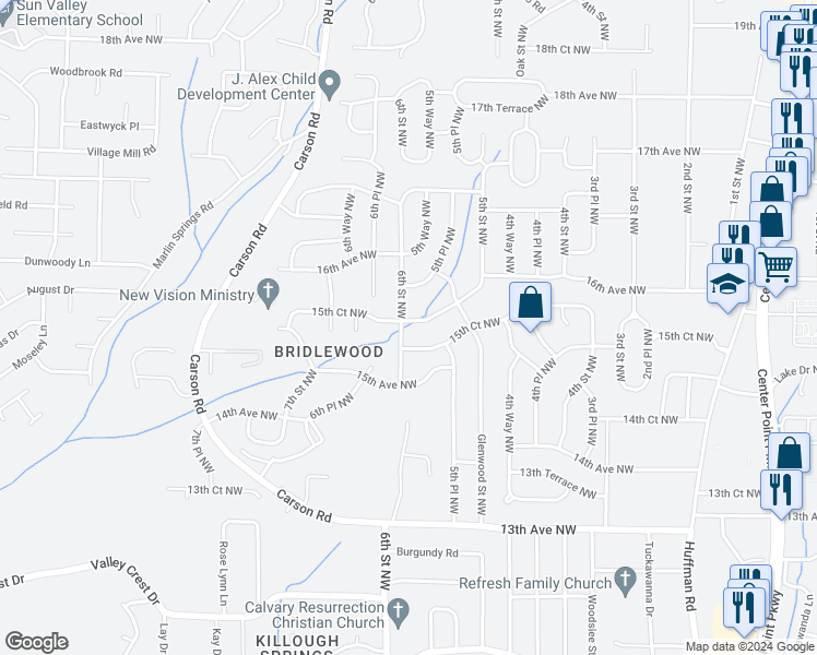 map of restaurants, bars, coffee shops, grocery stores, and more near 549 16th Avenue Northwest in Center Point