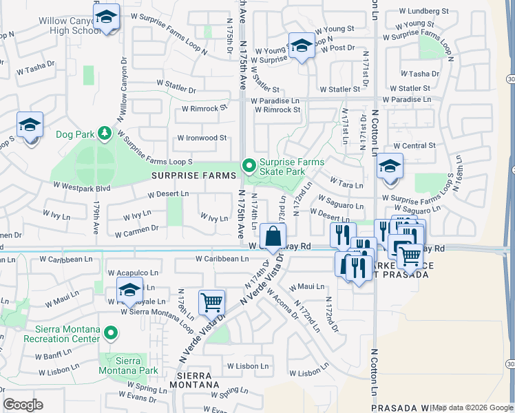 map of restaurants, bars, coffee shops, grocery stores, and more near 15613 North 174th Lane in Surprise