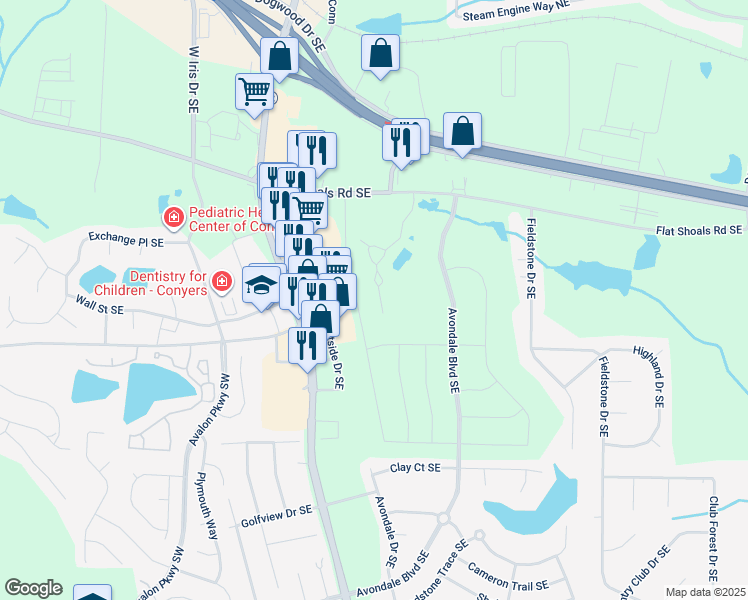 map of restaurants, bars, coffee shops, grocery stores, and more near 2205 Chase Way Southeast in Conyers