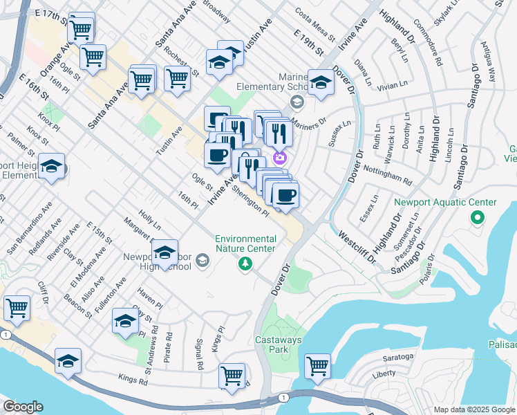 map of restaurants, bars, coffee shops, grocery stores, and more near Sherington Place in Newport Beach