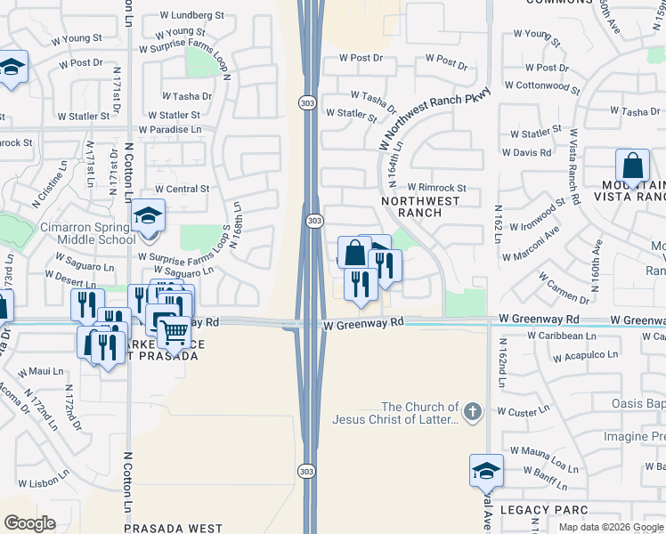 map of restaurants, bars, coffee shops, grocery stores, and more near 16649 West Marconi Avenue in Surprise