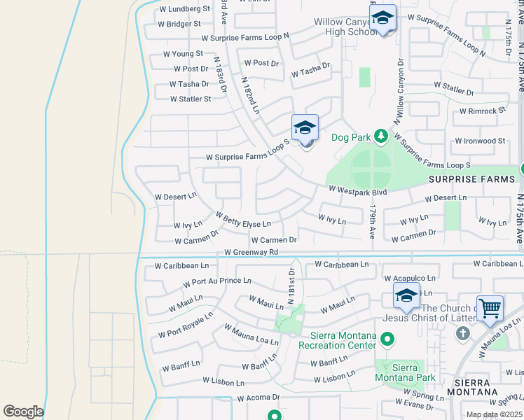 map of restaurants, bars, coffee shops, grocery stores, and more near 18190 West Ivy Lane in Surprise