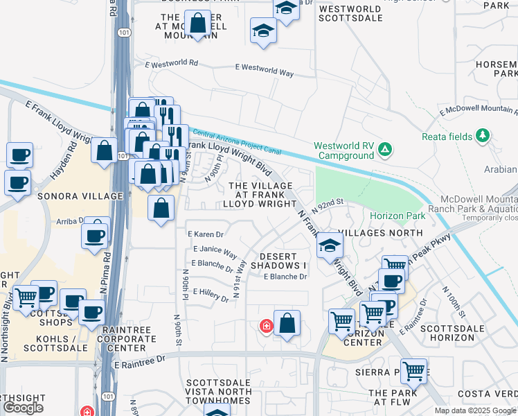 map of restaurants, bars, coffee shops, grocery stores, and more near 15550 North Frank Lloyd Wright Boulevard in Scottsdale