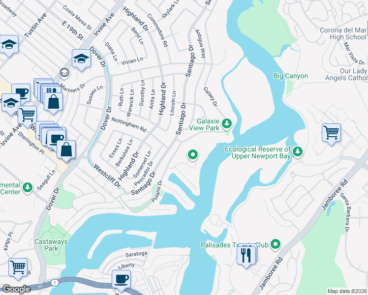 map of restaurants, bars, coffee shops, grocery stores, and more near 1330 Galaxy Drive in Newport Beach
