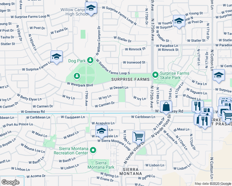 map of restaurants, bars, coffee shops, grocery stores, and more near 17738 West Desert Lane in Surprise