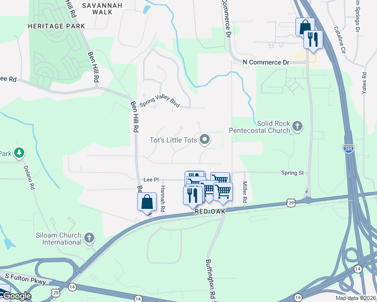 map of restaurants, bars, coffee shops, grocery stores, and more near 4715 Shoshonee Trail in College Park