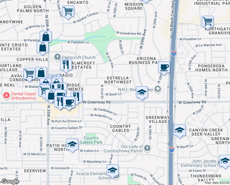map of restaurants, bars, coffee shops, grocery stores, and more near 3101 West Betty Elyse Lane in Phoenix