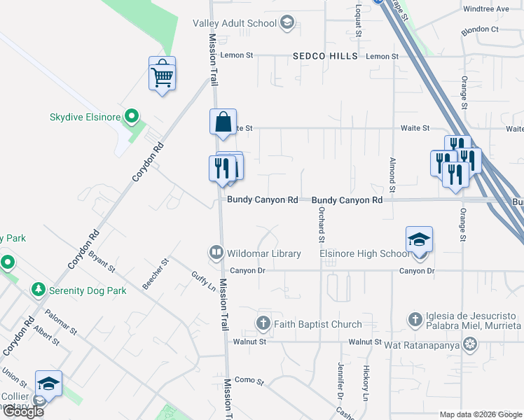 map of restaurants, bars, coffee shops, grocery stores, and more near 33975 Christopher Lane in Wildomar