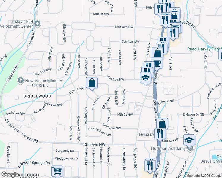 map of restaurants, bars, coffee shops, grocery stores, and more near 1525 4th Street Northwest in Center Point