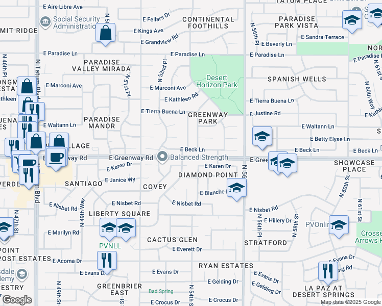 map of restaurants, bars, coffee shops, grocery stores, and more near 15424 North 54th Place in Scottsdale