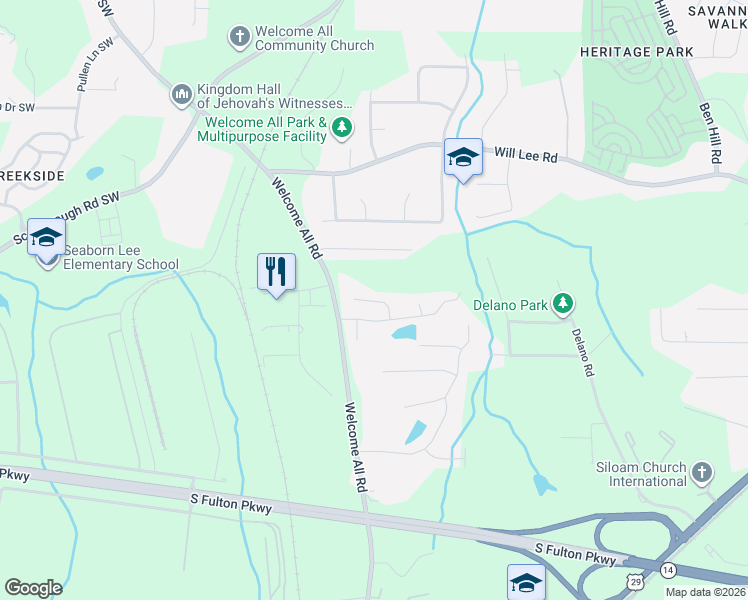 map of restaurants, bars, coffee shops, grocery stores, and more near 250 Laura Circle in College Park
