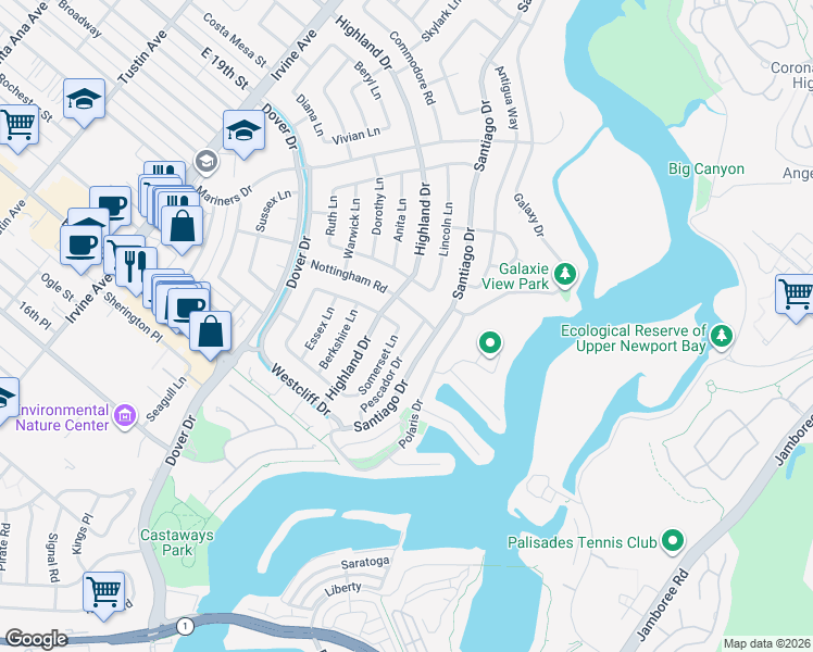 map of restaurants, bars, coffee shops, grocery stores, and more near 1242 Somerset Lane in Newport Beach