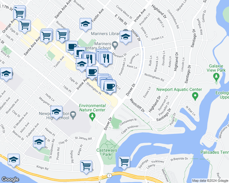 map of restaurants, bars, coffee shops, grocery stores, and more near 1674 Westcliff Drive in Newport Beach
