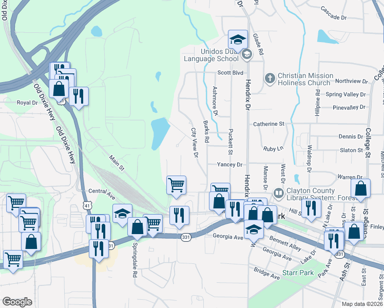 map of restaurants, bars, coffee shops, grocery stores, and more near 4681 City View Drive in Forest Park