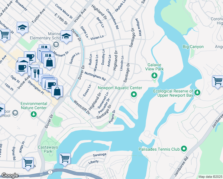 map of restaurants, bars, coffee shops, grocery stores, and more near 1242 Somerset Lane in Newport Beach