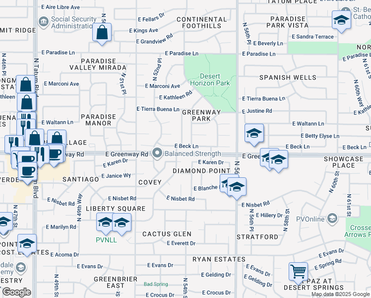 map of restaurants, bars, coffee shops, grocery stores, and more near 15424 North 54th Place in Scottsdale