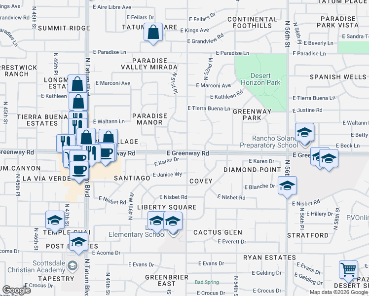 map of restaurants, bars, coffee shops, grocery stores, and more near 5202 East Beck Lane in Scottsdale