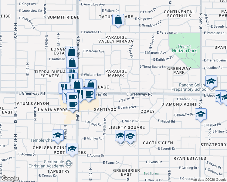 map of restaurants, bars, coffee shops, grocery stores, and more near 5025 East Waltann Lane in Scottsdale