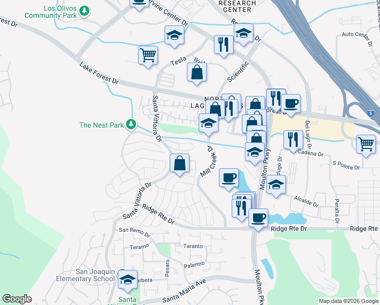 map of restaurants, bars, coffee shops, grocery stores, and more near 22532 Caminito Pacifico in Laguna Hills