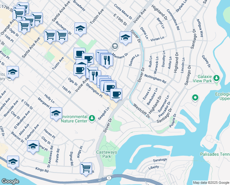 map of restaurants, bars, coffee shops, grocery stores, and more near 1616 Bedford Lane in Newport Beach