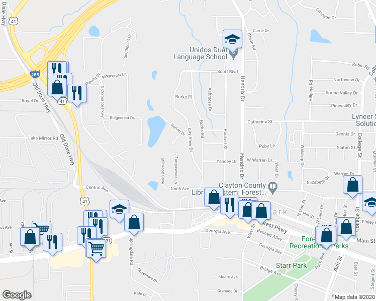 map of restaurants, bars, coffee shops, grocery stores, and more near 4681 City View Drive in Forest Park