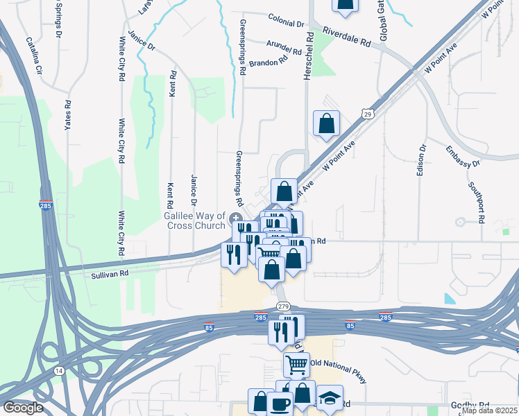 map of restaurants, bars, coffee shops, grocery stores, and more near 2601 Roosevelt Highway in College Park