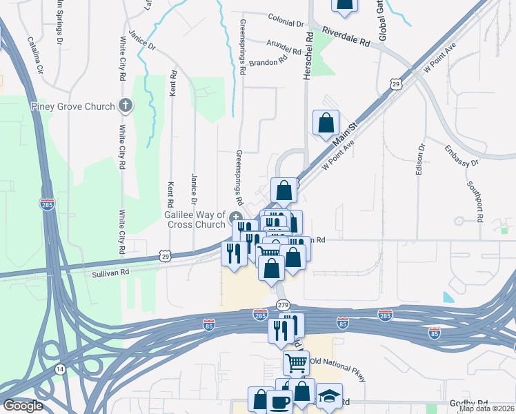 map of restaurants, bars, coffee shops, grocery stores, and more near 2601 Roosevelt Highway in College Park
