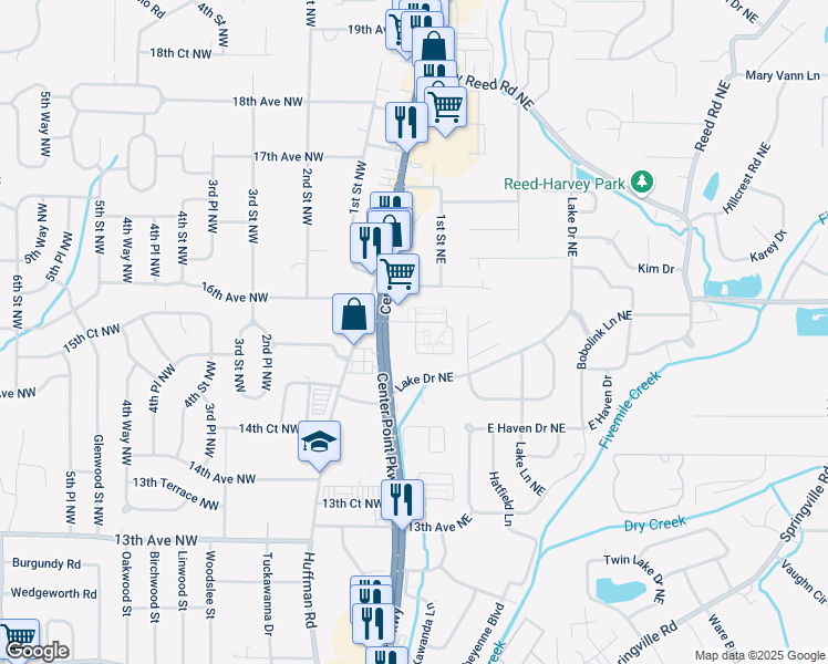 map of restaurants, bars, coffee shops, grocery stores, and more near 1575 Center Point Parkway in Birmingham