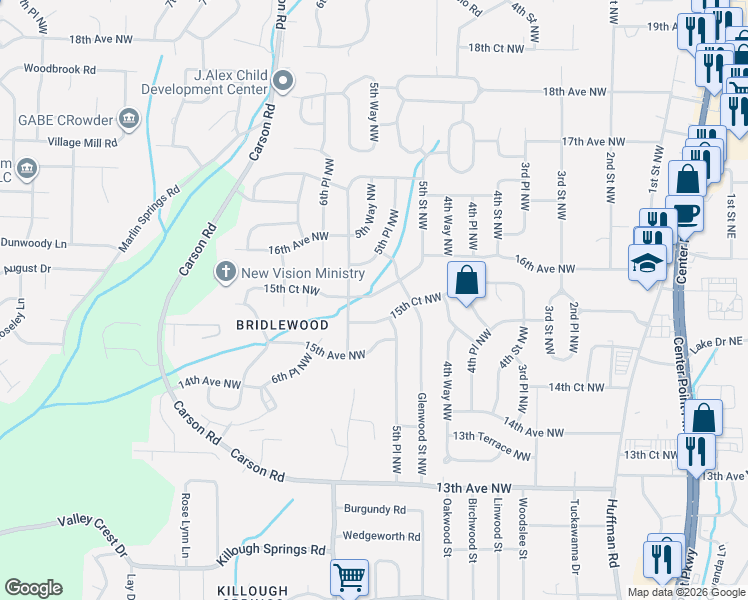 map of restaurants, bars, coffee shops, grocery stores, and more near 528 16th Avenue Northwest in Center Point