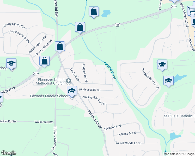map of restaurants, bars, coffee shops, grocery stores, and more near 4405 Cindy Place Southeast in Conyers