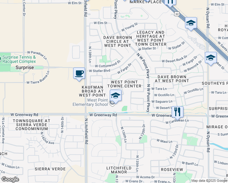 map of restaurants, bars, coffee shops, grocery stores, and more near 15752 North 137th Avenue in Surprise