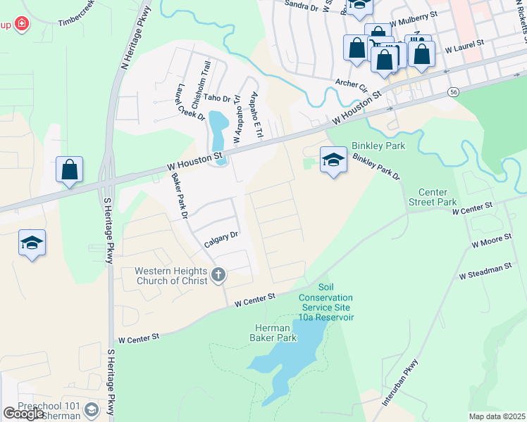 map of restaurants, bars, coffee shops, grocery stores, and more near 2310 West Houston Street in Sherman