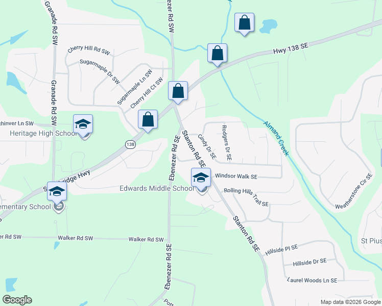 map of restaurants, bars, coffee shops, grocery stores, and more near 2376 Stanton Road Southeast in Conyers