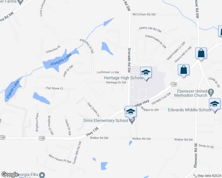 map of restaurants, bars, coffee shops, grocery stores, and more near 2205 Liberty Lane Southwest in Conyers