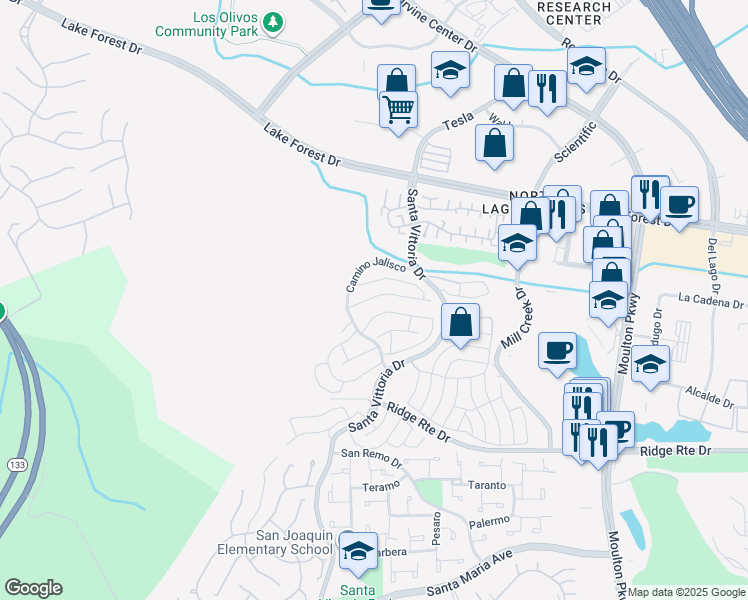 map of restaurants, bars, coffee shops, grocery stores, and more near 22246 Caminito Arroyo Seco in Laguna Hills