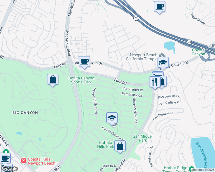 map of restaurants, bars, coffee shops, grocery stores, and more near 1842 Port Sheffield Place in Newport Beach