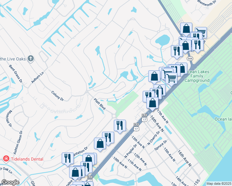 map of restaurants, bars, coffee shops, grocery stores, and more near 1300 Deer Creek Road in Myrtle Beach