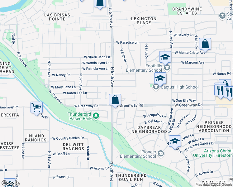 map of restaurants, bars, coffee shops, grocery stores, and more near 15431 North 67th Avenue in Glendale