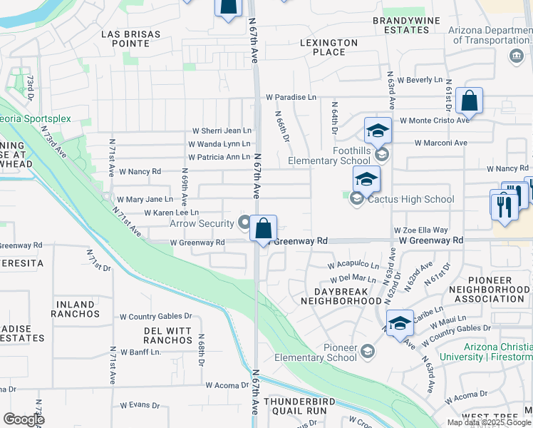 map of restaurants, bars, coffee shops, grocery stores, and more near 15431 North 67th Avenue in Glendale