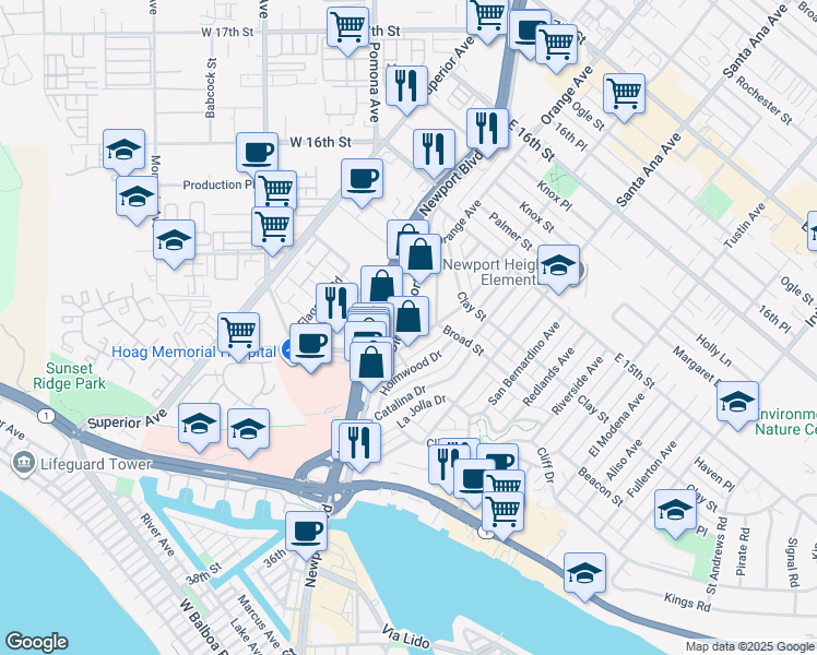 map of restaurants, bars, coffee shops, grocery stores, and more near 3207 Broad Street in Newport Beach