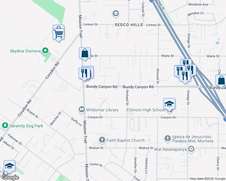 map of restaurants, bars, coffee shops, grocery stores, and more near 21375 Bundy Canyon Road in Wildomar