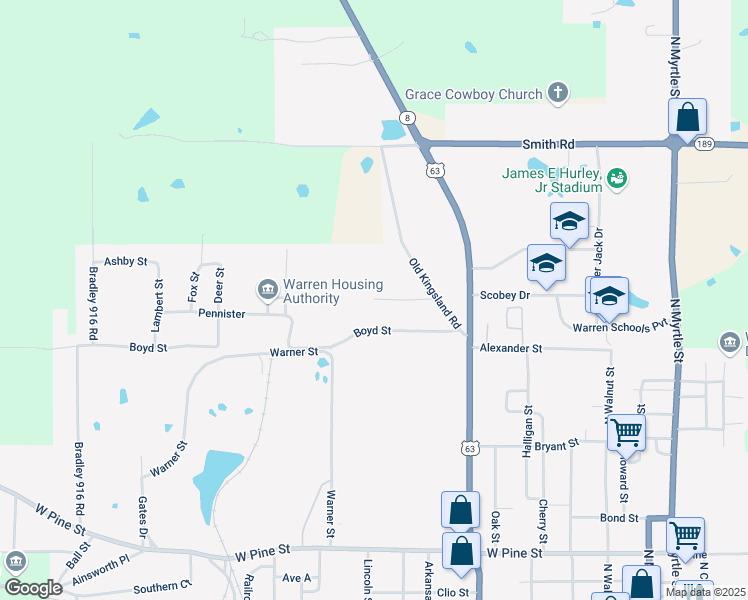 map of restaurants, bars, coffee shops, grocery stores, and more near 604 Carey Street in Warren